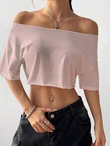 Top corto asimétrico de mujer con cuello blanco y flecos, camiseta de manga corta de moda versátil Y2K oversize y sexy, para primavera/verano - Rosa Pálido - Ver 4