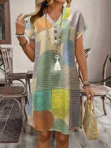 Vestido ajustado de longitud hasta la rodilla, de cuello en V, con botones y manga de una pieza, con estampado geométrico de bloques de color, elegante para el verano - Multicolor - Ver 5