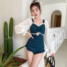 Elegante Traje de Baño Entero Negro Transparente de Manga Larga con Abertura Frontal y Volantes, Traje de Baño Modesto para Vacaciones en la Playa o Piscina - Verde oscuro - Ver 4