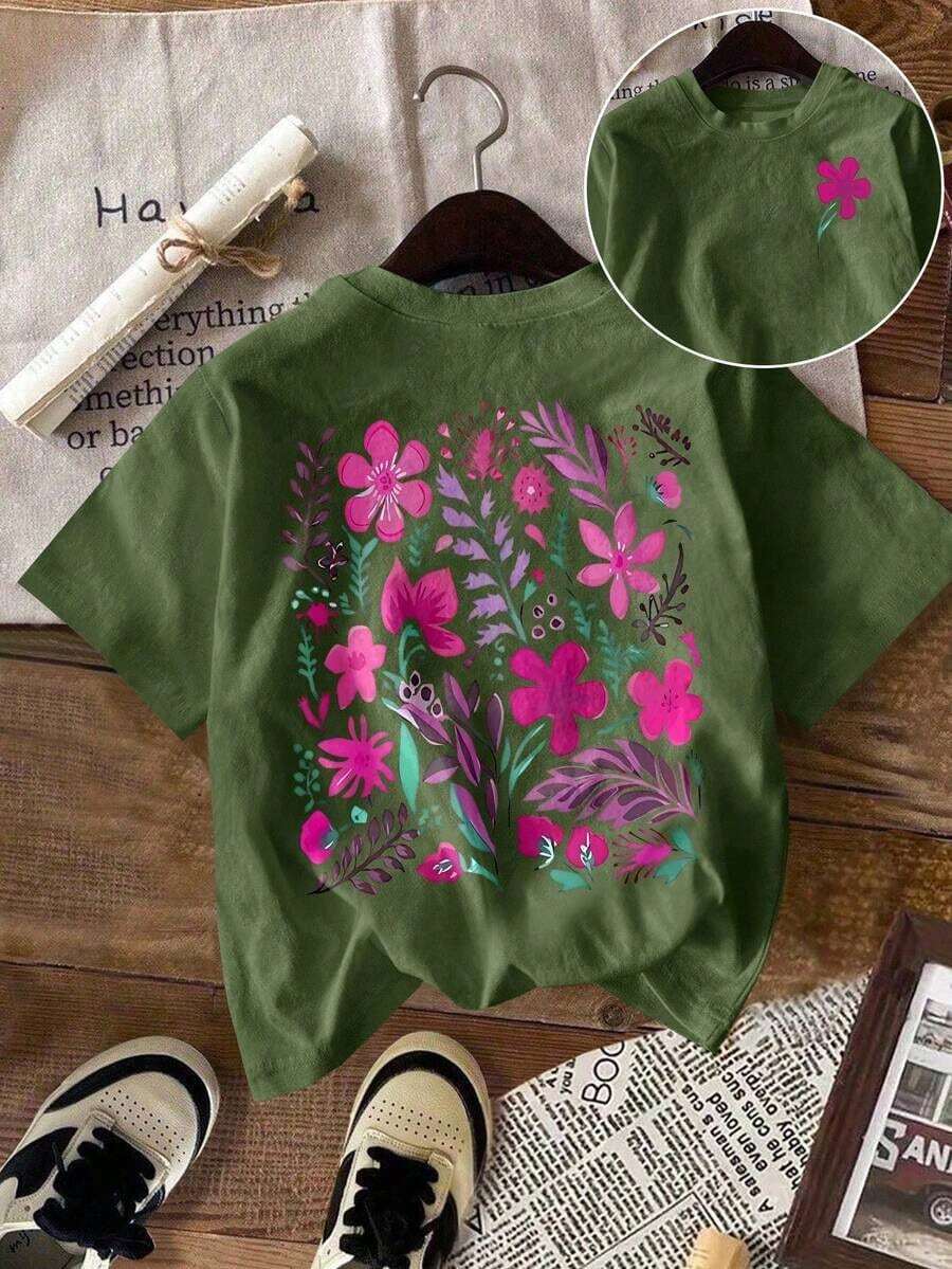 Howell Women's Plus Size Black Short Sleeve T-Shirt, Versatile Style, Hand-Painted Daisy Floral Print, Casual And Cool For Summer - 軍綠色 - 查看 1
