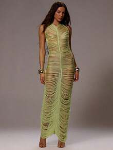 Vestido maxi transparente de punto con brillo y flecos, vestido largo, cubrecuerpo de playa, sexy para verano y primavera, ideal para festivales, vacaciones, fiestas en Ibiza y salidas - Verde - Ver 1