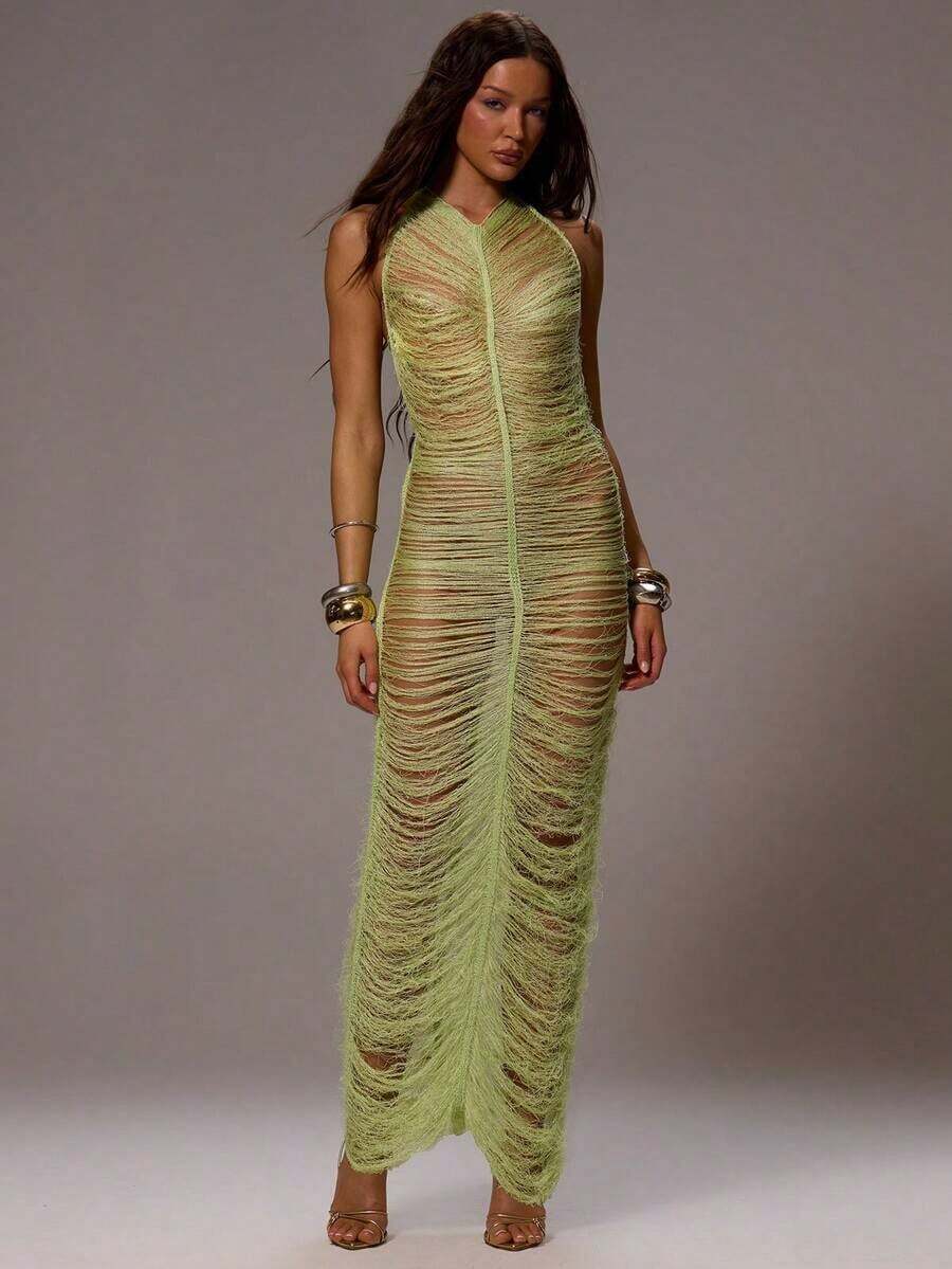Vestido maxi transparente de punto con brillo y flecos, vestido largo, cubrecuerpo de playa, sexy para verano y primavera, ideal para festivales, vacaciones, fiestas en Ibiza y salidas - Verde - Ver 1