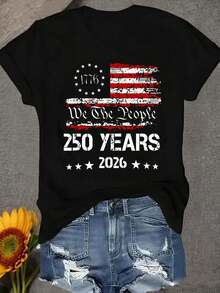 100% Cotton 1pc Women's T-Shirt, 250 YEARS 2026 We The People Comfortable And Soft Round Neck T-Shirt For Women, Graphic Tees, Vintage T-Shirts - 黑色 - 查看 1