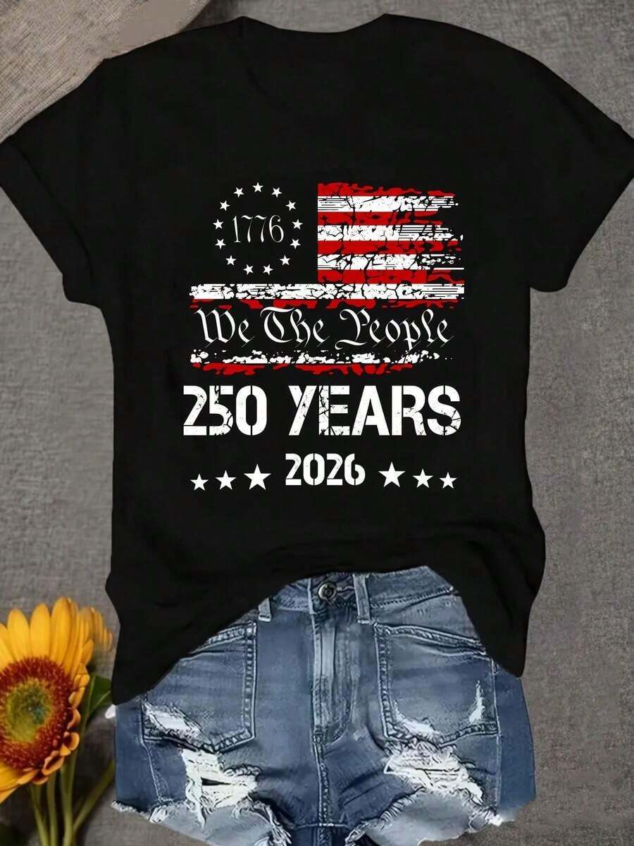 100% Cotton 1pc Women's T-Shirt, 250 YEARS 2026 We The People Comfortable And Soft Round Neck T-Shirt For Women, Graphic Tees, Vintage T-Shirts - 黑色 - 查看 1