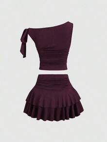 Conjunto de top de tirantes y minifalda plisada y con decoración de flores metálicas para mujer, ideal para el verano - Rojo violeta - Ver 4