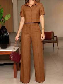 ANCHOSE Conjunto de camisa de manga corta con cuello vuelto y botones + pantalones de pierna ancha con cintura elástica alta, estilo minimalista y casual para ir al trabajo, para mujer - Naranja quemado - Ver 5