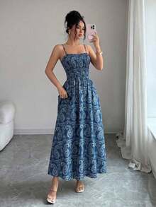 Vestido largo de mujer con estampado de paisley elegante sin mangas, cintura ceñida, adecuado para la playa, viajes, uso casual, sesión de fotos, vestido largo con estampado floral azul, primavera/verano - Azul marino - Ver 4