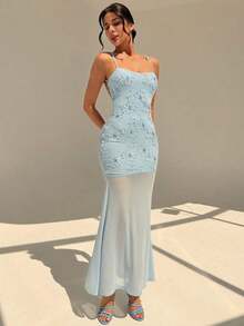 Vestido elegante de fiesta/festival para mujer, ajustado, de tirantes finos, con espalda descubierta, en color azul, con cuentas y malla, con bajo de cola de sirena, vestido sexy - Azul - Ver 6