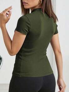 Camiseta casual de mujer de manga corta con cuello mao y unicolor, para verano - Verde militar - Ver 2