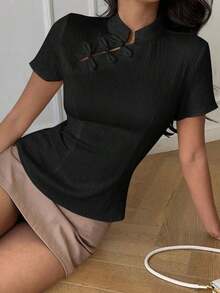 Blusa de cuello Mao de manga corta con cintura ceñida, estilo chino nuevo en color albaricoque, nuevo diseño de primavera/verano para mujer - Negro - Ver 4