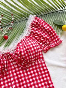 Body de mujer con volantes y lazo delantero, estampado de cuadros y cerezas para vacaciones - Multicolor - Ver 4