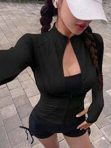 de manga larga de cuello simulado elástica de unicolor y ajustada para mujer, deportiva y casual, para primavera y otoño - Negro 6 - Ver 7