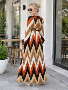 Elegant Pattern Long Sleeve Maxi Dress with Tie Waist - Comfortable Flowy Dress for Everyday Wear, Office Style, Dinner Outfits, Vacation Looks, and Special Occasions - 摩卡棕 - 查看 5