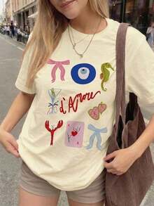 Camiseta de mujer "Estilo mediterráneo de la Amalfitana", ajuste regular, camiseta con patrón artístico pintado a mano, cómoda blusa de manga corta de verano italiano, cuello redondo único, estilo retro de ocio y gastronomía, moda casual blanca - Blanco - Ver 10