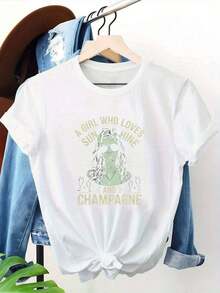 Camiseta Wo'S| Cuello redondo casual| Manga corta| Azuibrante con estampado gráfico de champaña| uste confortable de toda la tempor| Lavable en máquina| Tela elegante y transpirable| Longitud regular| Patrón geométrico| Tela elástica ligera - Blanco - Ver 10