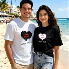 2-Piece Couple Matching Pattern T-Shirt, 100% Cotton, Loose Fit, Soft And Breathable, Casual Round Neck Short Sleeved Top Heart Photo Text Design Pattern Versatile Patterns No Picky Combinations Coordinated Dating Casual Travel Simple And Cartoonish Printing Styles High Cost-Effectiveness Couple - 白色 - 查看 1