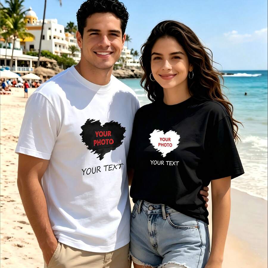 2-Piece Couple Matching Pattern T-Shirt, 100% Cotton, Loose Fit, Soft And Breathable, Casual Round Neck Short Sleeved Top Heart Photo Text Design Pattern Versatile Patterns No Picky Combinations Coordinated Dating Casual Travel Simple And Cartoonish Printing Styles High Cost-Effectiveness Couple - 白色 - 查看 1
