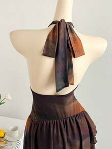 Vestido azul impreso de malla de punto con escote de halter romántico de vacaciones para mujeres - Marrón 2 - Ver 6