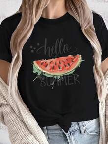 Camiseta Casual de Verano para Mujer con Estampado de Sandía, Cuello Redondo, Manga Corta, Estilo Chic y a la Moda - Negro - Ver 2
