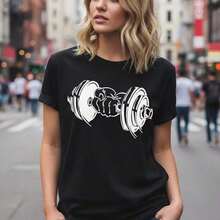Women's Graphic Print Cotton T-Shirt, Short Sleeve, Round Neck, Dumbbell Print, Casual Loose Fit, Sizes S-5XL, Soft And Breathable Pure Cotton Blouse, Sports Fashion For Gym And Training, Basic T-Shirt For Daily Wear, Suitable For Spring, Summer And Autumn. - 黑色 - 查看 7