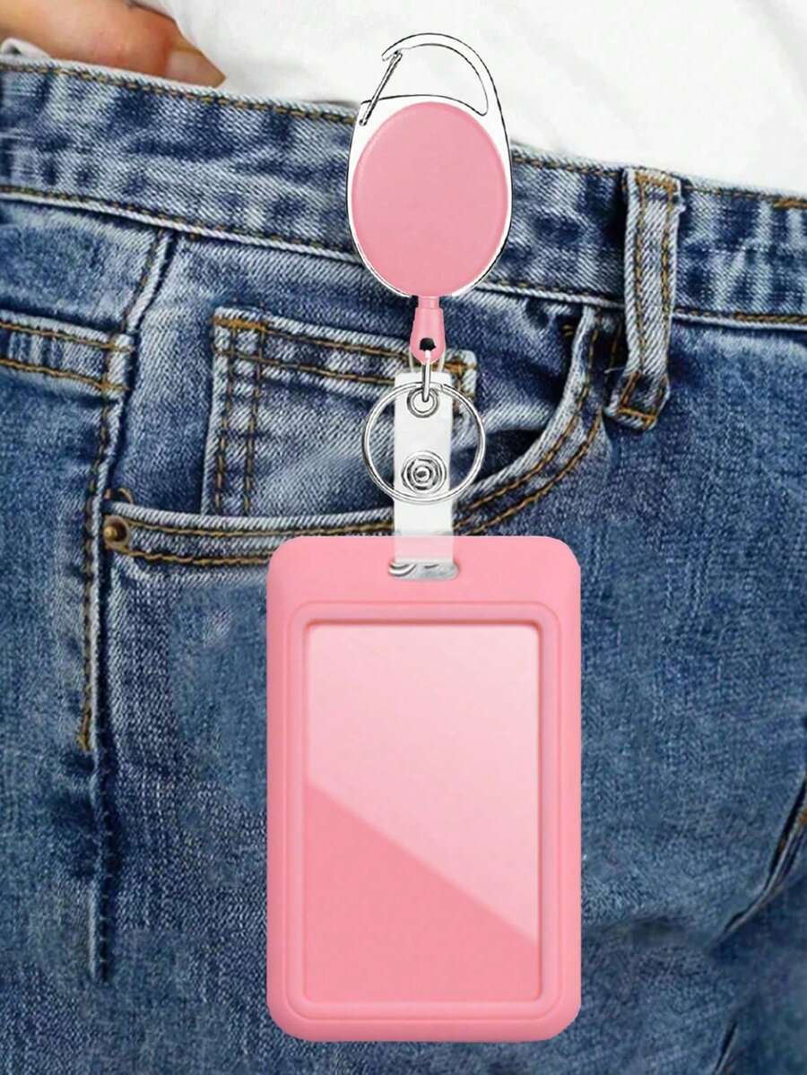 Pink Anti-Theft Card Holder With Pink Retractable Clip, Hard Plastic Card Protector With Thumb Slot, Expandable ID Card Holder, Medical Insurance Card Protector, Waterproof Medical/Bank/Social Security Card Protector - Multicolor - View 1