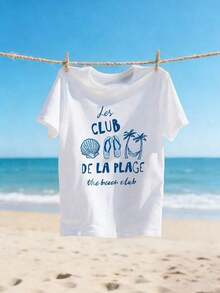 ropa de mujer Beach Surf Club Sea Sun PrintingTee, Camiseta Retro de Verano con Estampado Gráfico de Palmeras Tropicales, Estilo Vintage de Ondas, Diseño de Atardecer para Vacaciones en Resort, Top de Algodón Puro, camisas de mujer - Blanco - Ver 2