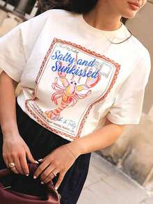 Camiseta de manga corta para mujer con estampado retro de langosta, estética, con gráfico de mariscos de verano, de corte holgado, cuello redondo, ideal para uso diario, vacaciones en la playa, salidas de verano, estilo urbano, camiseta fresca de verano, estilo unisex. - Blanco - Ver 1