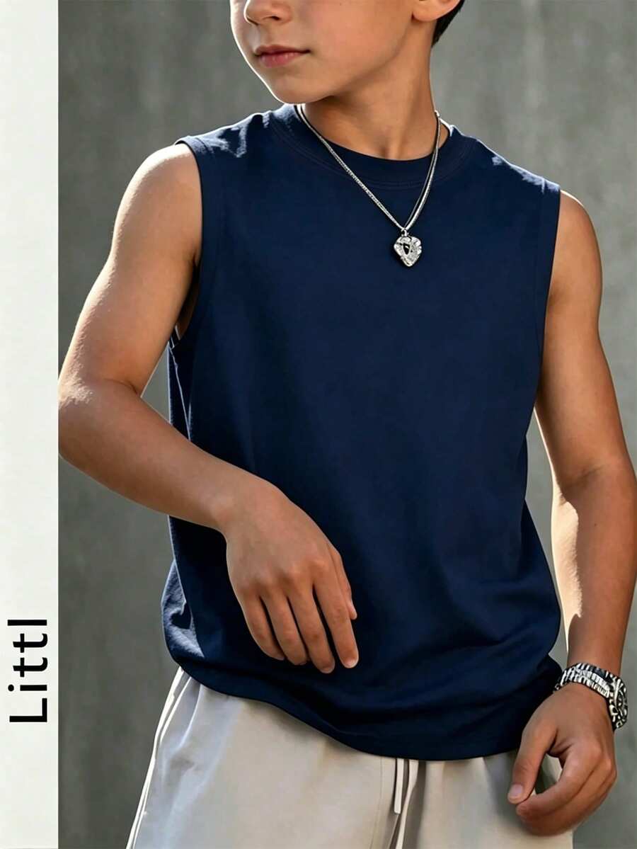 Camiseta sin mangas de cuello redondo casual para niños y estudiantes adolescentes, fresca y con estilo, para primavera/verano - Azul Marino - Ver 1