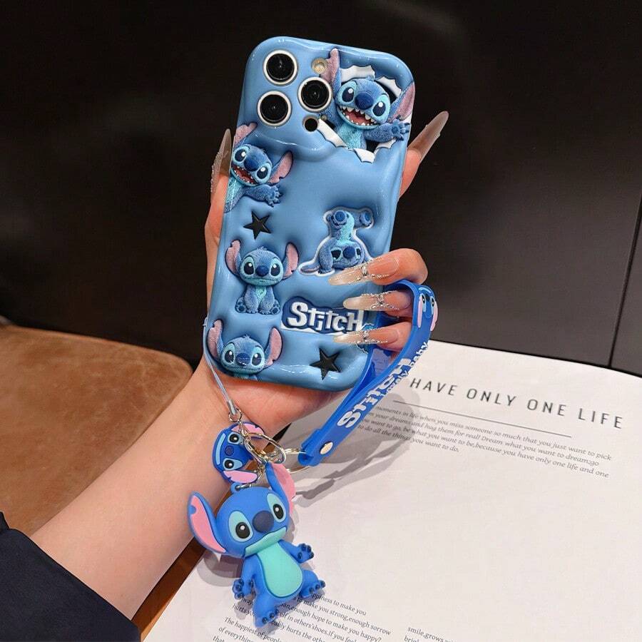Disney Lilo And Stitch Phone Case : 3D Fluffy Pattern Border Protector Phone Soft Phone Case With A Free Cute Stitch Bracelet Chain Lanyard, Stitch, Lilo, Angel, For Apple 17 Promax 17 Pro 16 15 14 13 12 11 Pro Max XS Max X XR Soft Cover Summer Phone Case - White - View 1