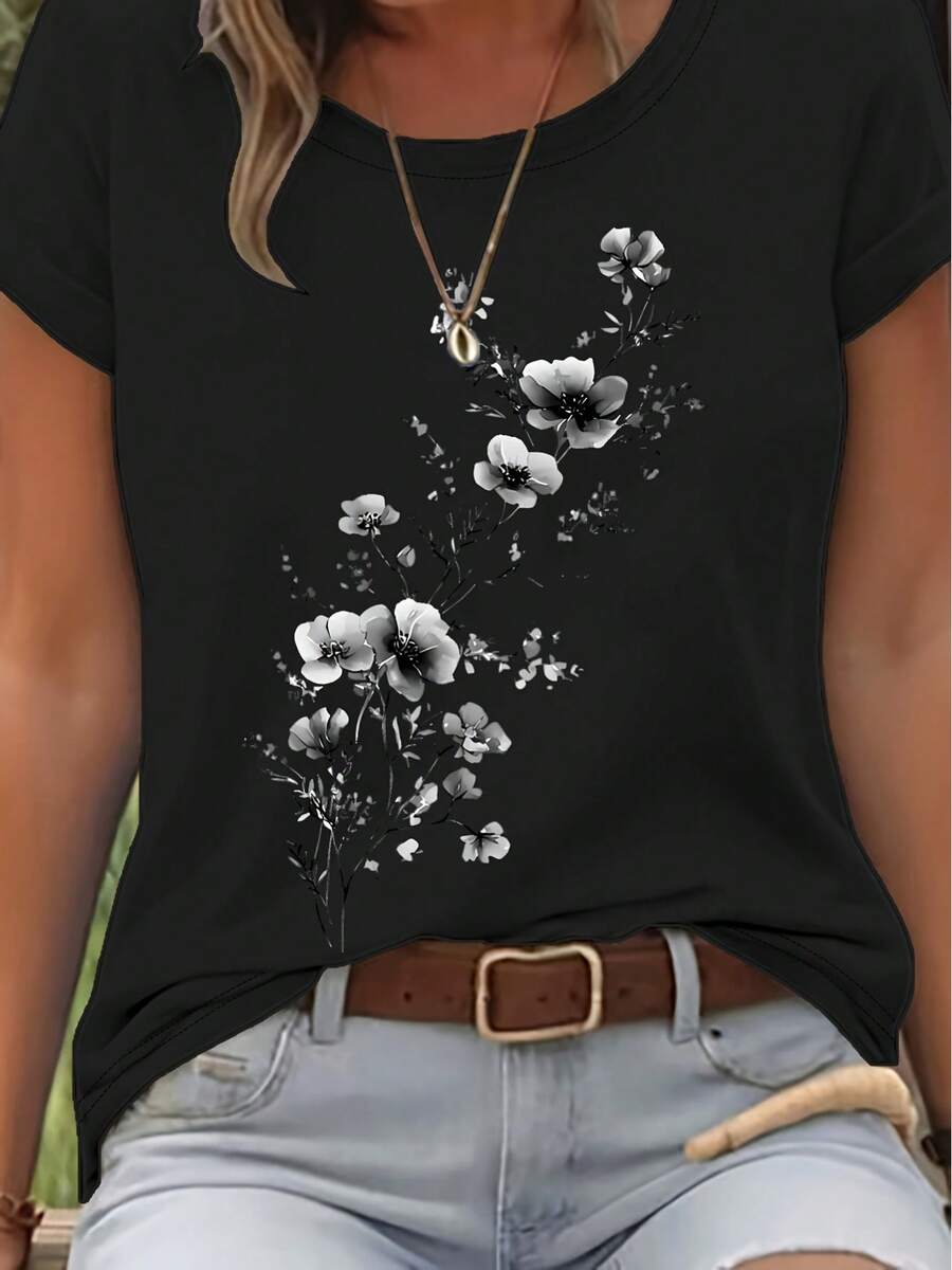 Nueva Camiseta de Verano para Mujer con Cuello Redondo, Top Básico Casual de Color Sólido Simple - Negro - Ver 1