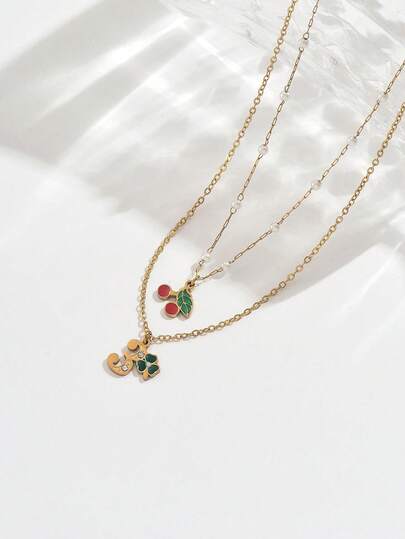 1 dây chuyền mặt số 0-9 bằng thép không gỉ mạ vàng 18K kèm charm quả anh đào cho nữ, trang sức thời trang