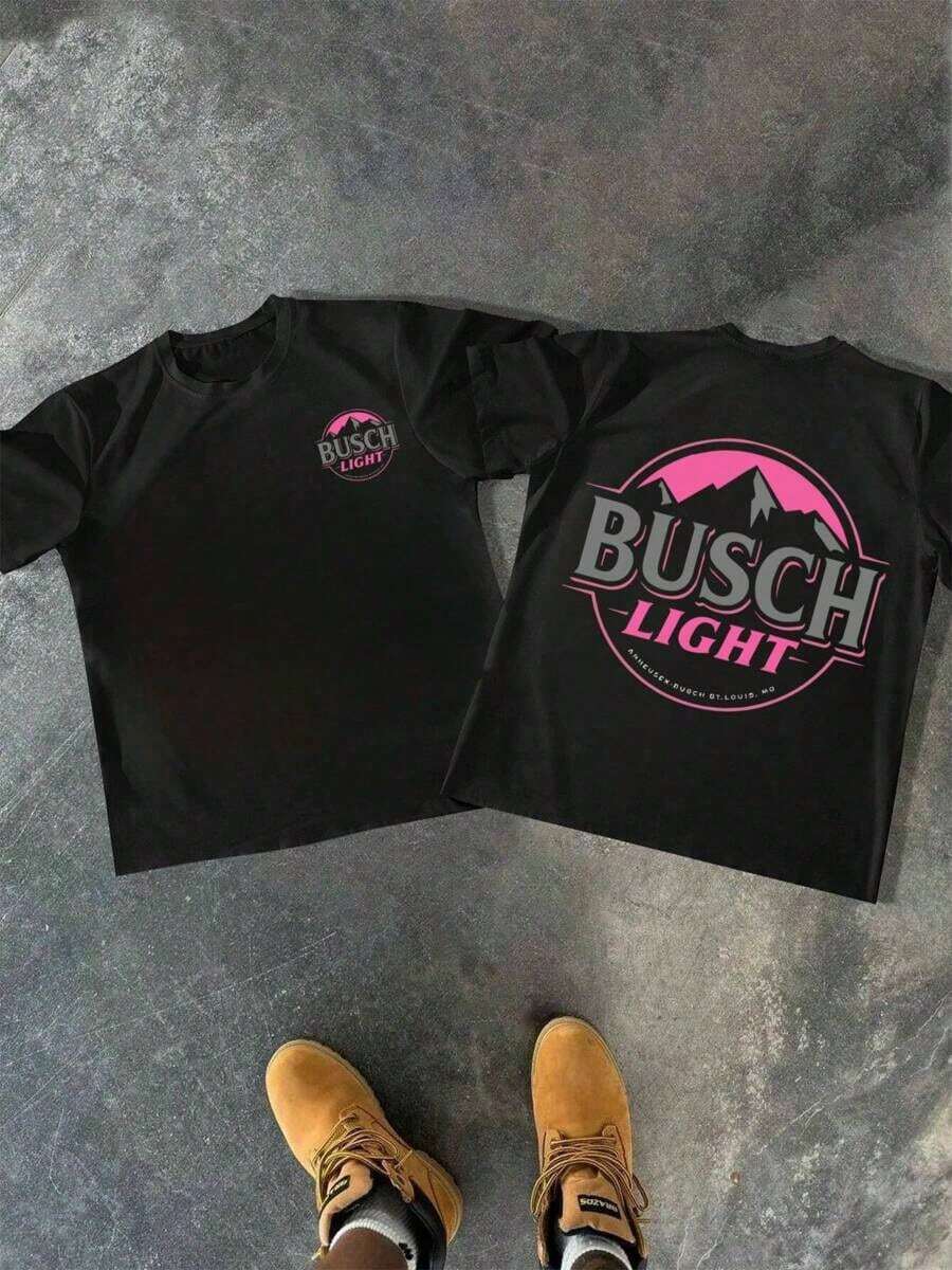 Men's Casual And Comfortable T-Shirt, 220g, 100% Cotton, Double-Sided Digital Print, Busch Light Logo Style - Black - View 1
