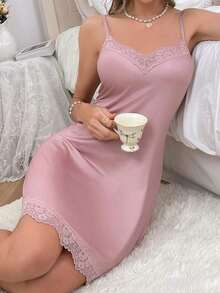 Camisón de pijama con tirantes y adorno de encaje para mujeres - Rosa - Ver 3