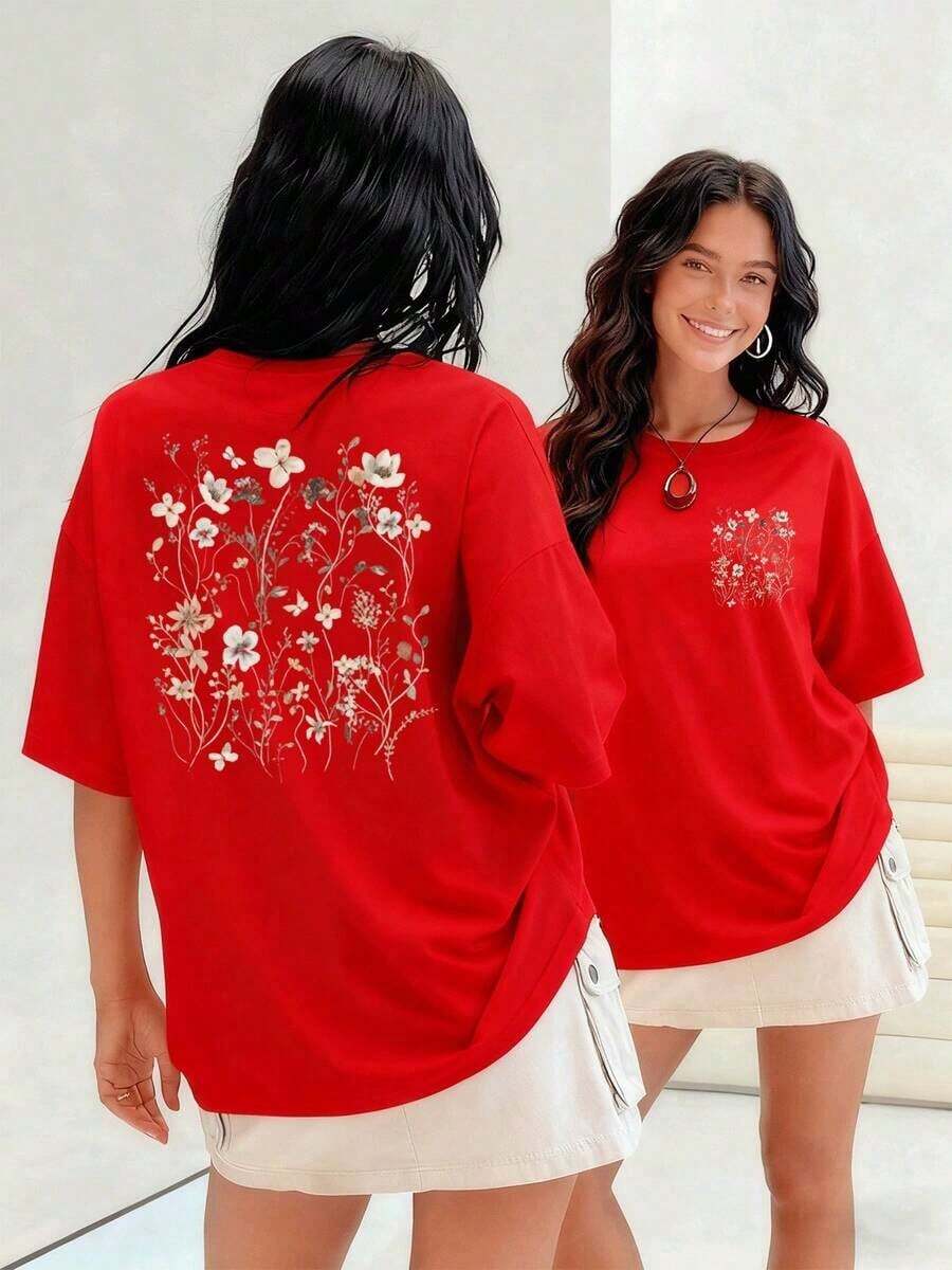 Flores secas y delicadas se entrelazan en un diseño sutil y elegante camiseta de mujer 100% algodón que evoca la belleza efímera de la naturaleza en tonos neutros.Suitable for spring, summer and autumn - Rojo - Ver 1