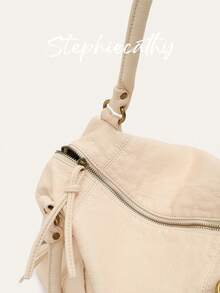 STEPHIECATHY 哥德龐克街頭風女款復古做舊軟PU純色斜挎包，大容量通勤包可放13吋筆電，多口袋休閒日常旅行學院風 - 米色 - 查看 3