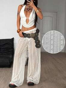 100% Cotton Washed White Trousers, Basic Minimalist Bohemian Style, For Summer Concerts, Outings And The Beach - 貝斯 - 查看 2