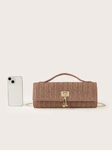 REMANLAND Fashionable Woven Texture Handbag, Luxury Brown Party Clutch Bag For Women, Elegant Long Evening Bag With Metal Pendant, Suitable For Pairing With Glamorous Formal Dresses, Ideal For Summer Parties, Gatherings, Galas, Weddings And More - Brown - View 8