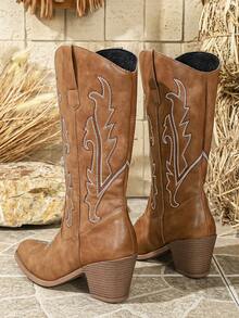 2026 New Western Cowboy Boots For Women, Retro American Style Brown Pointed Toe Embroidered High Heel Mid-Calf Slip-On Riding Boots - Brown - View 10