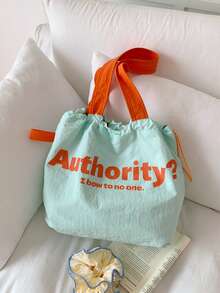 2025 New Drawstring Large Capacity Shoulder Canvas Bag, Japanese Letter Print Nylon Tote Handbag, Commuter - Green - View 2