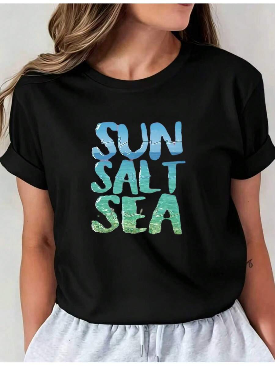 Women's Colorful Short Sleeve V-Neck T-Shirt, Spring/Summer Fashion, SUN SALT SEA Letter Print, 1-Pack, Stylish Colorful Short Sleeve V-Neck T-Shirt, Casual Round Neck Top 6067I01, Comfortable Women's Clothing. S2PB - 黑色 - 查看 1