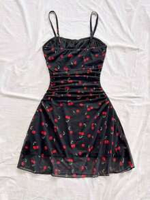 Vestido de tirantes de malla con estampado floral azul y blanco para vacaciones de verano de mujer - Negro - Ver 2
