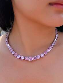 1pc Top Purple Pink Cubic Zirconia Round Tennis Chain Necklace Choker For Women, Wedding, Bridal Party, Costume Jewelry - Round - View 10