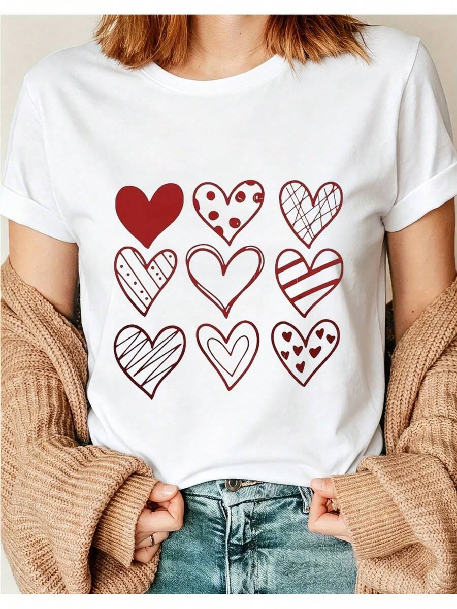 Women's T-Shirt, Valentine's Day Gift, Heart Print, Elegant And Stylish, Modern Y-Shaped Design, Simple Round Neck, Comfortable And Breathable, 1i01, Short Sleeve Top With Round Neck, Suitable For All Seasons, Casual And Versatile Blouses For Ladies. - 白色 - 查看 1