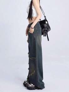 Y2K American Retro Style Wide Leg Jeans With Star Patches, High-Waisted Loose Fit With Distressed Edge - 深藍色 - 查看 4