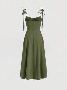 Vestido de tirantes unicolor de muslo con abertura - Verde militar - Ver 2