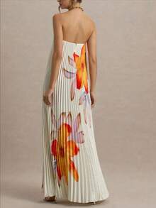 Long, European-Style Printed Off-The-Shoulder Dress, Loose Fit With Elaborate Pleats. - 白色 - 查看 5
