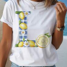 T-Shirt With A Letter Print And Lemon-Patterned Check Design, A Must-Have For Summer. Suitable For Both Spring And Summer. This Fashionable, Comfortable, And Casual Women's T-Shirt With A Round Neck Is The Best Choice For Everyday Wear In Spring And Summer, And Makes A Thoughtful And Suitable Gift For Various Occasions. - 白色 - 查看 7