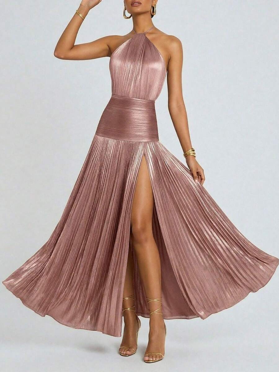 Elegant Fitted Halter Neck Dress With Open Back And Defined Waist, Perfect For Spring 2026 - Pink - View 1