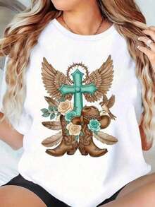 Women's Casual T-Shirt With Cowboy Boots, Crossed Wings, And Roses Print, Western Style, Religious, Christian, For Church, Easter, Birthday Gift, Bohemian T-Shirt, Women's Blouses - 白色 - 查看 1