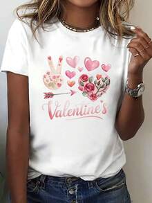 Women's Letter Print T-Shirt For Valentine's Day - Casual Short-Sleeved Crew Neck T-Shirt, Suitable For Everyday Wear, Machine Washable, Perfect For Spring And Summer Outfits, Simple Basic T-Shirt For Everyday Wear, Can Be Layered Or Worn Alone - Unisex Vintage Urban Style Cotton Short Sleeve Crew Neck T-Shirt. - 白色 - 查看 7